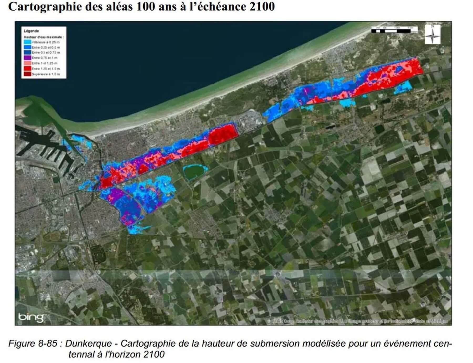 Cartographie de la hauteur de submersion modélisée pour un évènement centenal à l'horizon 2100 (Source: Rapport DHI: http://www.nord-pas-de-calais.developpement-durable.gouv.fr/IMG/pdf/sub-marine_dhi_rapport_final_phase_2-2_231013.pdf)