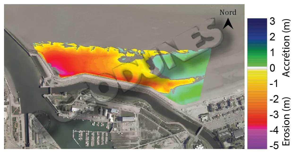 Différentiel topo bathymétrique entre l’état initial de la plage en Janvier 2012 et Décembre 2013