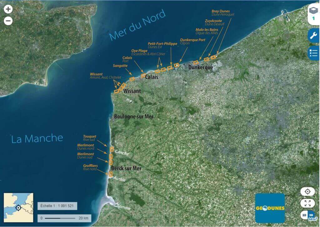 10 ans d’évolution du littoral de la baie d’Authie à la frontière belge - Localisations des sites d'étude