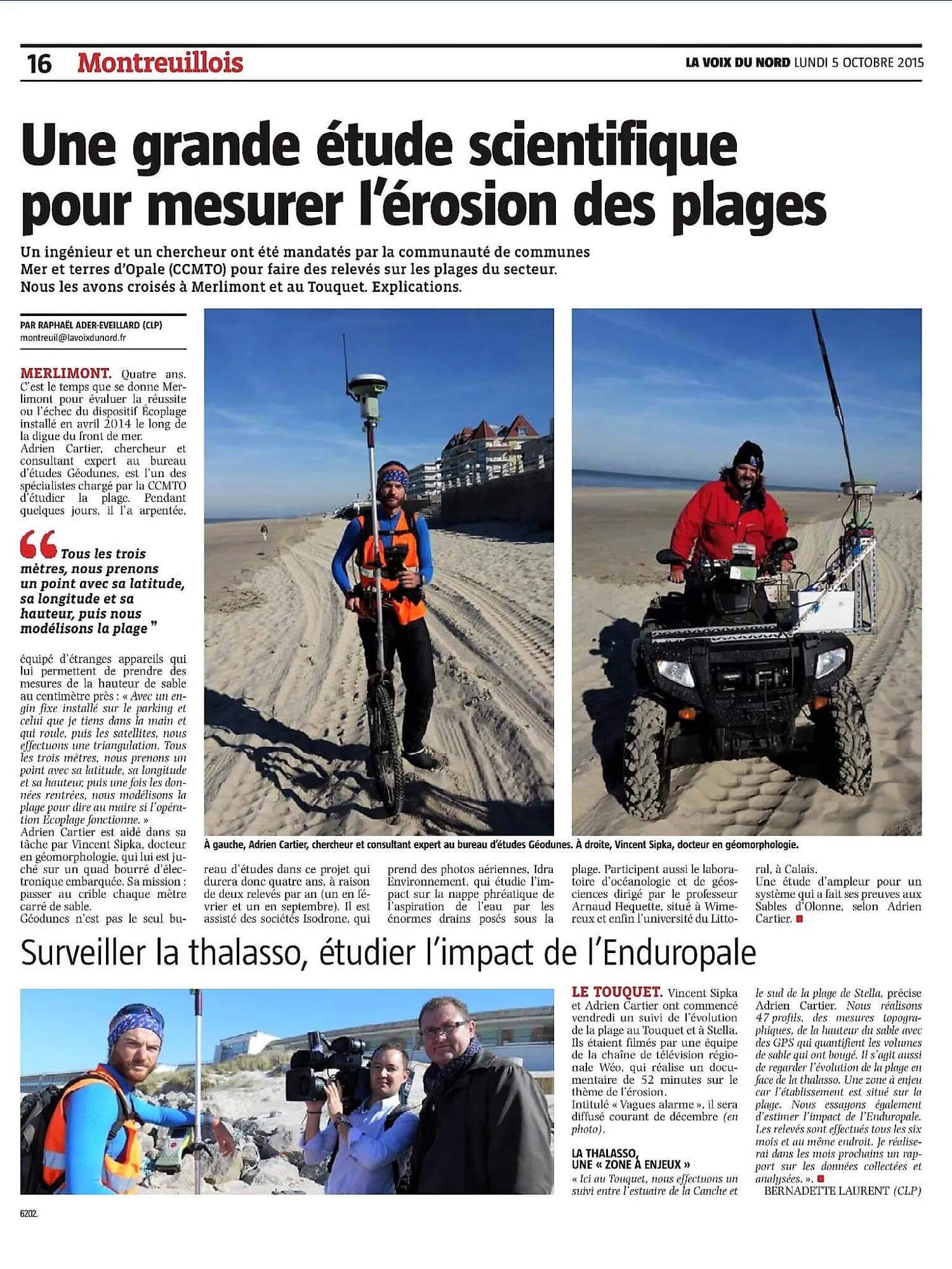 Article journal la voix du nord : Côte d’Opale : une grande étude scientifique pour mesurer l’érosion des plages 