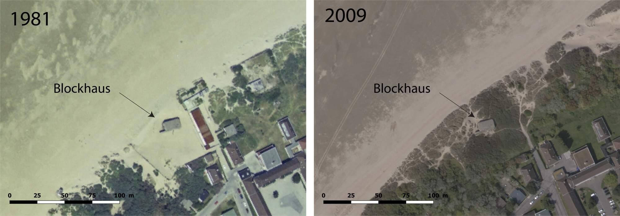 Evolution du trait de côte au niveau du blochaus entre 1981 et 2009, Est Gravelines