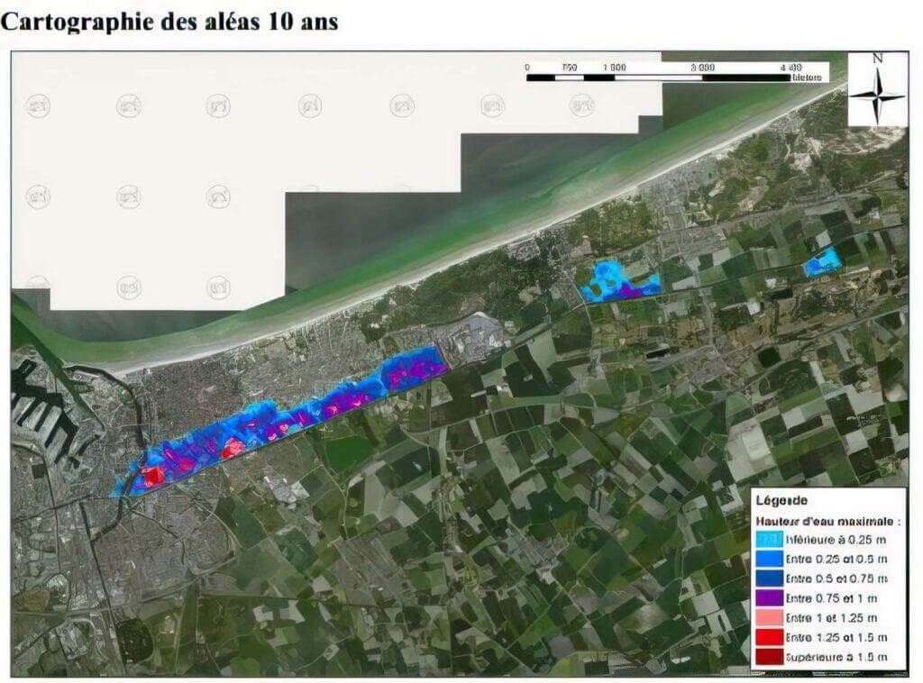 Cartographie de l’aléa de submersion marine pour un événement décennal (Source: Aléa de submersion Marine, DHI)